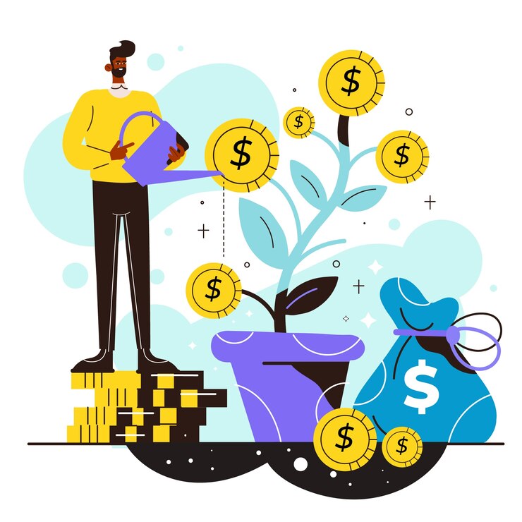 Illustration image of man watering plan with dollar leaves as a figure of business funding