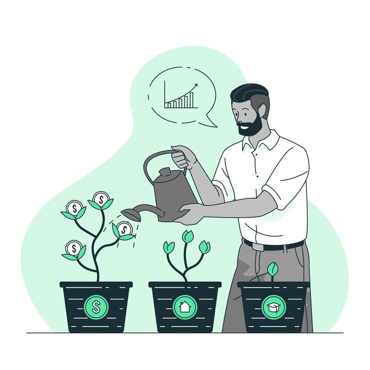 Man watering plants growing dollars with watering can as a figure of business investment